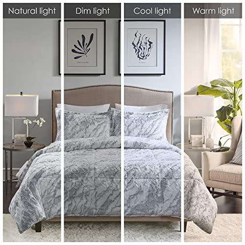 Image of Madison Park Lana Soft Plush Comforter Set, Long Faux Faux Fur Marble Pattern, Faux Mink On The Reverse, Modern All Season Down Alternative Bedding Set with Matching Sham, King, Grey /Blue 3 Piece