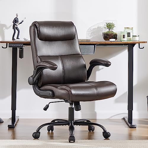 Office Chair - Ergonomic Executive Computer Desk Chair with Flip-up Armrest, Mid Back PU Leather 360° Swivel Task Chair with Lumbar Support and Wheels, Metal Base Office Chair - Ergonomic Executive Computer Desk Chair with Flip-up Armrest, Mid Back PU Leather 360° Swivel Task Chair with Lumbar Support and Wheels, Metal Base