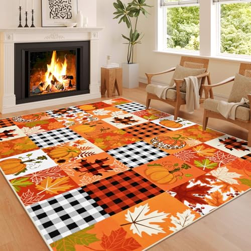 ASPMIZ Fall Area Rug 5x7, Thanksgiving Rug Washable Non Slip, Pumpkins Maple Leaves Living Room Rugs Low Pile, Soft Faux Wool Autumn Checkered Rugs for Bedroom, Fall Decorations for Home