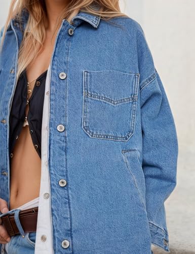 Women's City Denim Jacket–Long Sleeve Oversized Boyfriend Style Jean Jacket with Button Up Front4
