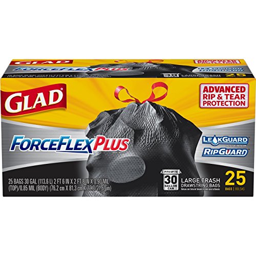 Image of Glad Trash Bags, Large Drawstring Garbage Bags‚ ForceFlexPlus 30 Gallon Black Trash Bag - 25 Count Each (Pack of 6)