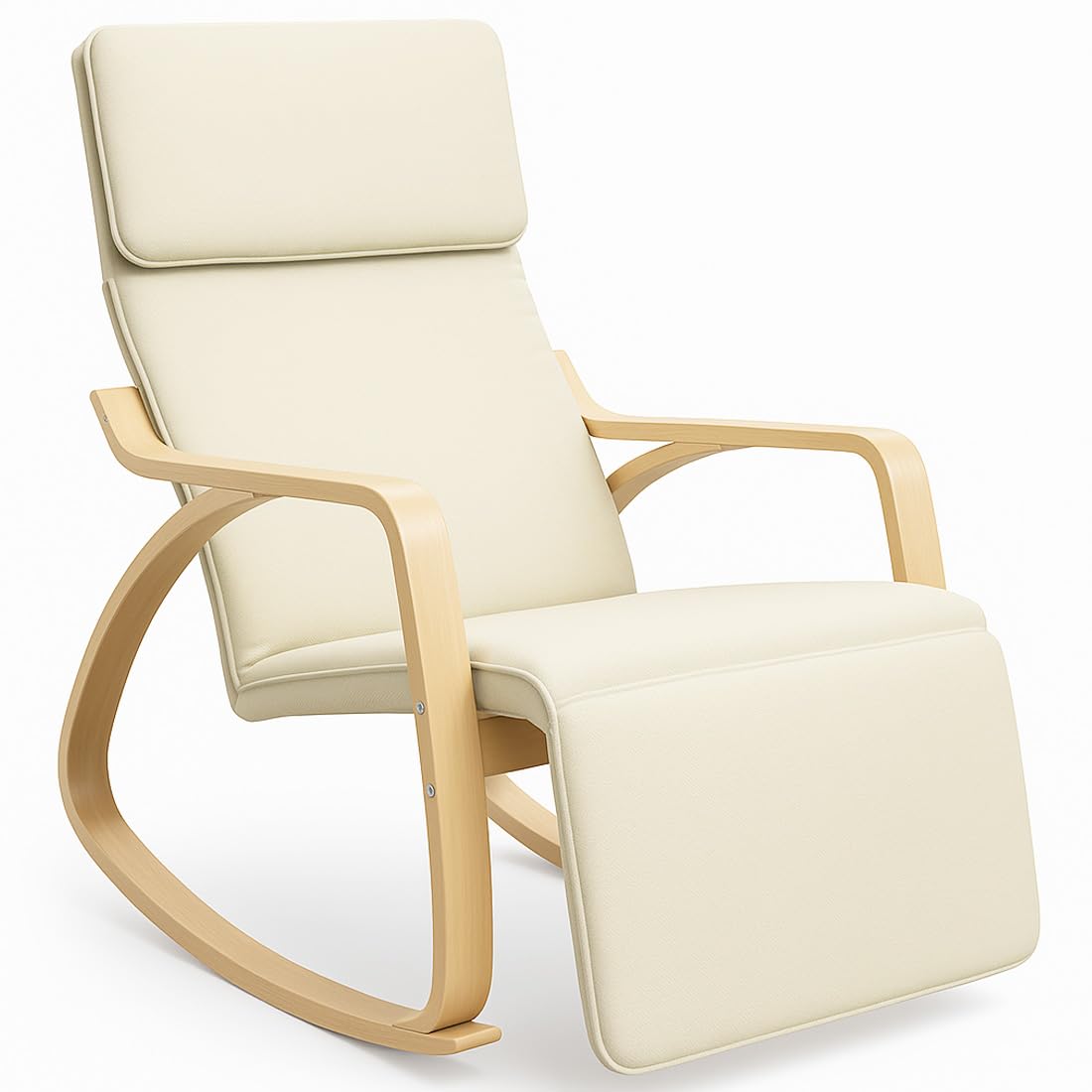 BAKAJI Sedia a Dondolo in Legno di Betulla con Rivestimento in Cotone Imbottito in Spugna Altissima Densità, Oscillante Relax con Poggiapiedi Regolabile e Cuscino, (Beige)