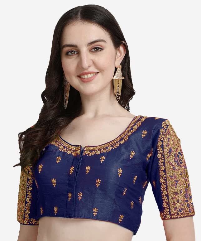 Pujia Mills Women's Silk Floral Half Sleeve Blouse (Gulab Navy Blue_Navy Blue_38)