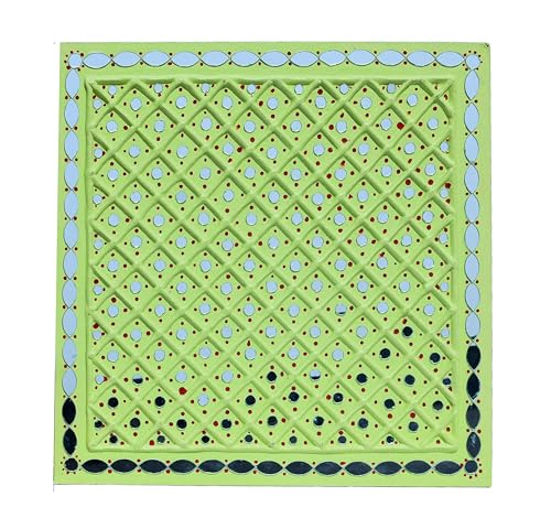 Image of Ethnics of Kutch Traditional Kutch Handicraft Mud-Mirrorwork Lippan Kam Wall Art (Water and Break Resistant) - Square (12 inch x 12 inch) - (Green LKT-0285)
