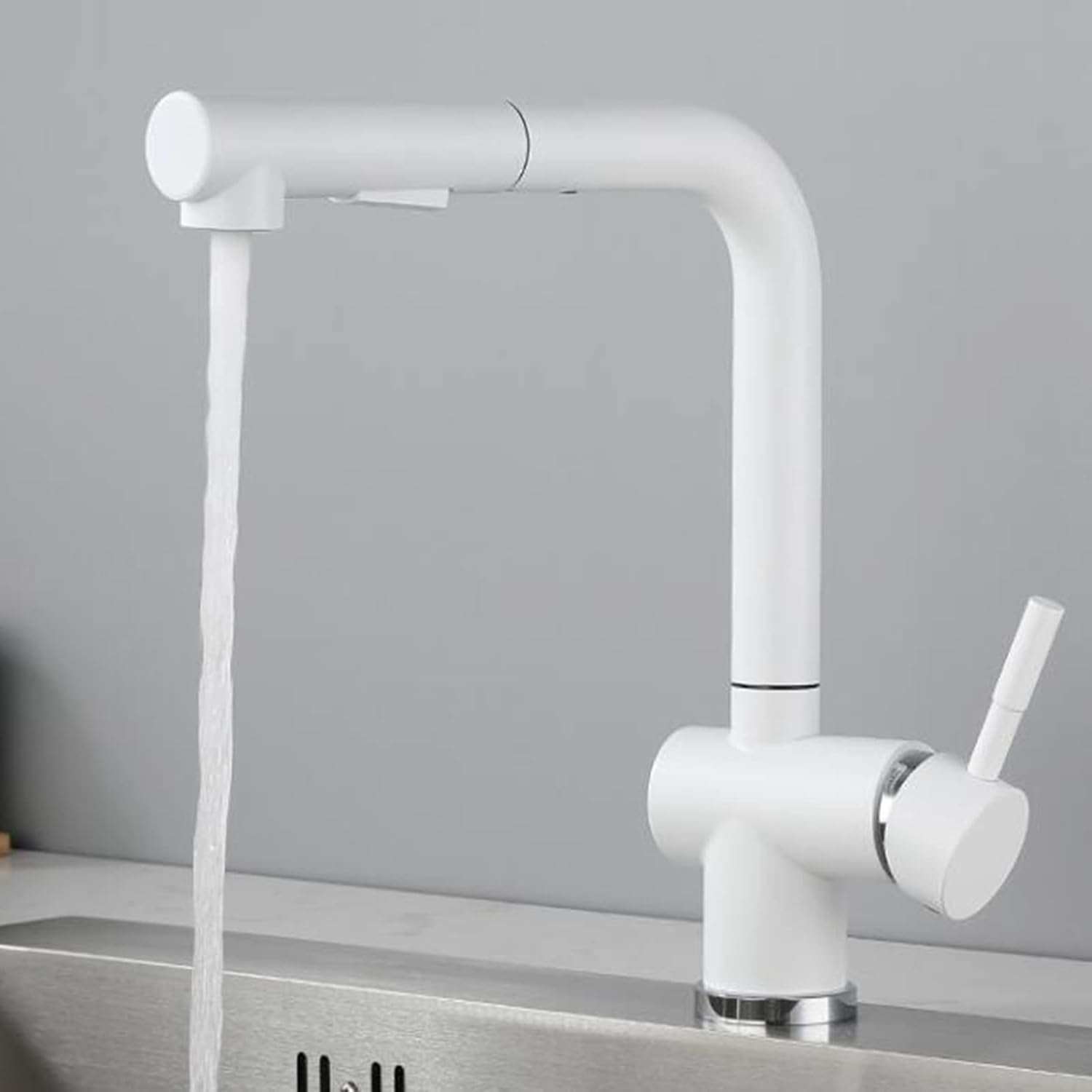 Kitchen Faucets with Pull Out Spray, Kitchen Mixer Faucet Stainless Steel Swivel Hot and Cold Water Dual Mode Multifunction Pull Out Kitchen Sink Faucet-White(Black)