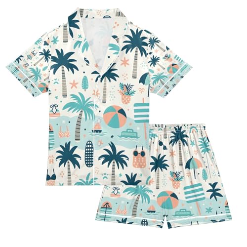 Cartoon Coconut Tree Satin Summer Pajama Sets Silk Short Sleeve Button Down Sleepwear