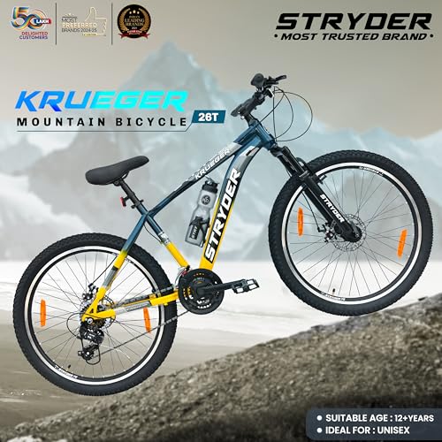 Image of Stryder 26T Krueger 21S Gear Mountain Cycle (Black-Teal Green) - 21-Speed | Front Suspension | Dual Disc Brakes | Steel Frame | Double Wall Alloy Rims | Unisex MTB Bicycle (Blue::Yellow)