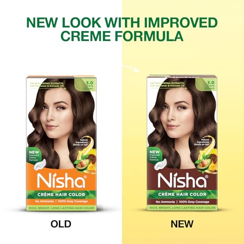 Image of Nisha Creme Hair Color Cream Dark Brown 3.0, 120g, Long Lasting Hair Dye for Grey Coverage, Smooth & Shiny Finish, For Men & Women, Pack of 1