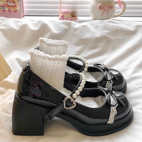 ZQW Cute Women's Pearl Bow Block Heel Mary Jane Shoes Comfy Round Closed Toe Buckle Pumps Cosplay Heels Dressy Casual Office3