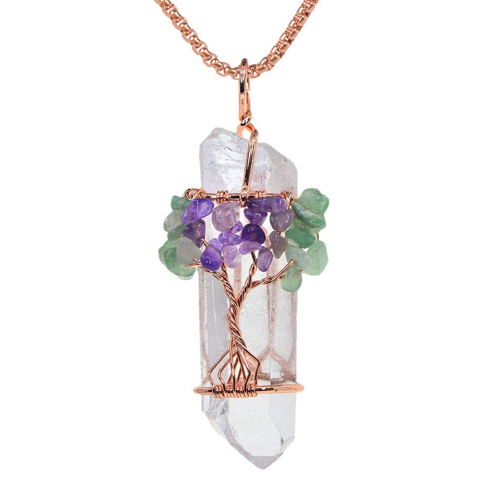 Justinstones Tree of Life Wire Wrapped Natural Clear Quartz Healing Crystal Point Pendant Necklace