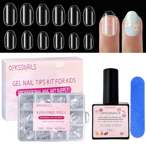 OPkssnails Extra Short Almond Press On Nails For Girl 216Pcs Pre Etched Clear Press On Nails Kit For Kids Full Cover False Nail with 3 in 1 Nail Glue Fake Nails Extension Set for Home DIY 12size