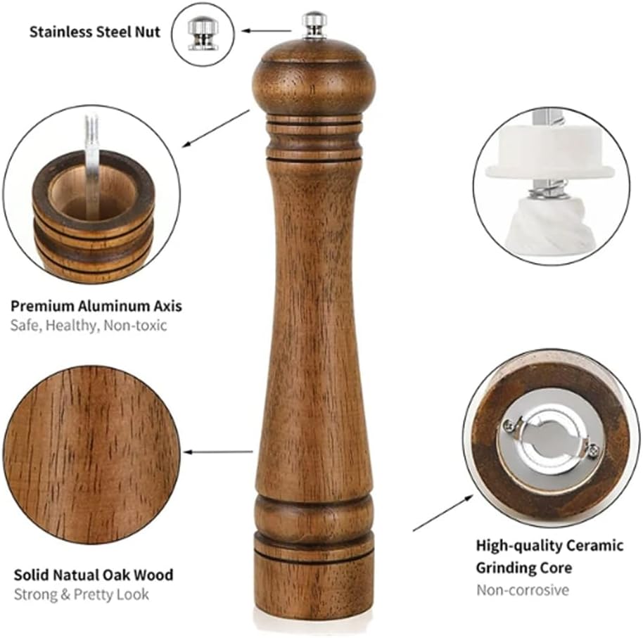 Wood Pepper Grinder Pepper Mill - 5" Tall Premium Manual Salt and Pepper Grinder Set, Adjustable Coarseness, Refillable, Classic Design for Kitchen, Dining Table, or Gifts