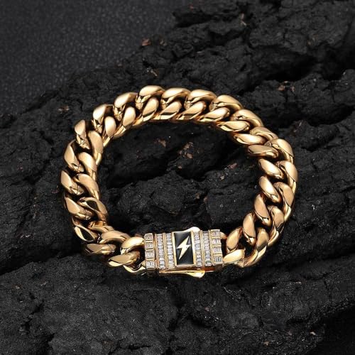 Men's 18k Gold Miami Cuban Bracelet, Hip-Hop Bracelet, Lightning Power Cool Bracelet, Suitable For Husbands, Fathers, And Sons As Christmas, Thanksgiving, And Holiday Gifts3