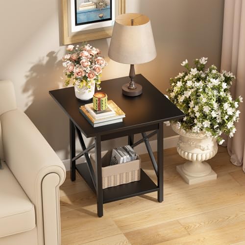 Image of GreenForest Square End Table 24 Inch with X-Frame 2-Tier Storage | Nightstand for Living Room & Bedroom, Rustic Decor, Sturdy, Waterproof Scratchproof Top, Easy Assembly, Black