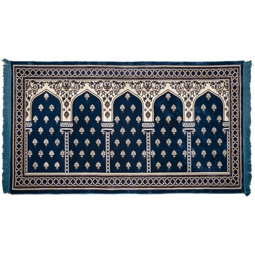 Modefa Turkish Islamic Prayer Rug - Multi Person Janamaz Sajada for Family - Large Gathering & Group Praying Carpet - Wide Velvet Praying Mat (5 Person Blue)