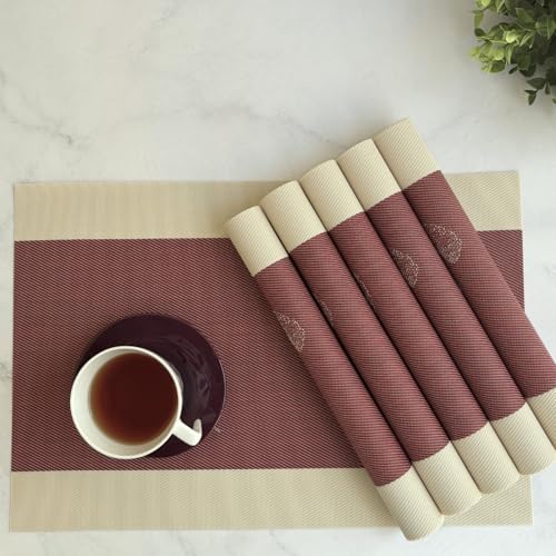 Image of Livmodern Premium Dining Table Mats Set of 6 | Wipeable & Washable PVC Placemats | Anti Skid and Heat Resistant Designer Mats 6 Pieces - Garnet Bloom