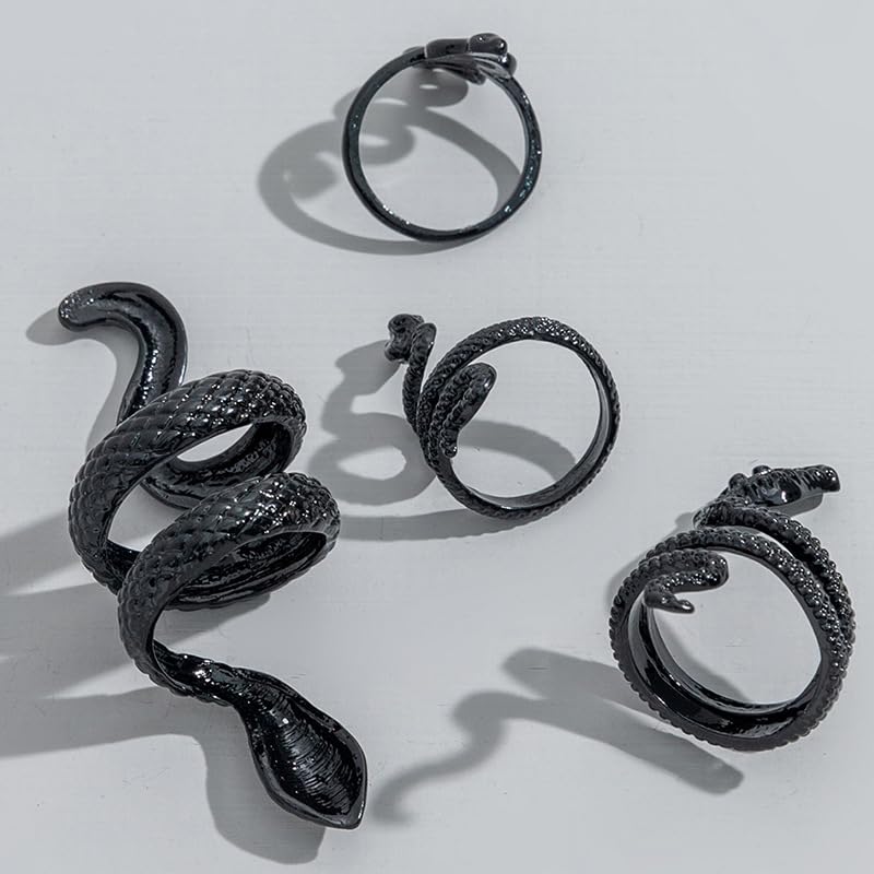 Anillos de serpiente negra para mujer, joyería ajustable de serpiente negra para mujer, accesorios góticos vintage, juego de anillos punk góticos, joyería de Halloween, Cobre, Sin piedras preciosas 7