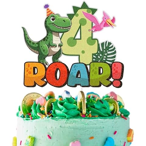 Dinosaur Cake Topper for 4 Year Old Birthday Party, Dinosaur Four Roar Themed Party Supplies for Boy or Girl Baby Shower, 4th Birthday Party Cover