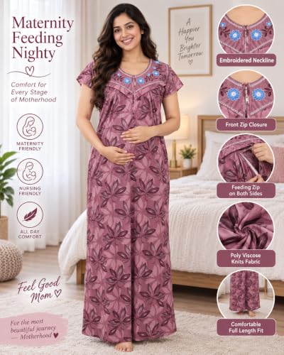 Image of Noty Women's- Maternity | Feeding | Nursing | Nighty /Maxi /Gown- Poly Viscose Knits Fabric- Embroidery, Printed, Zip on Both Sides