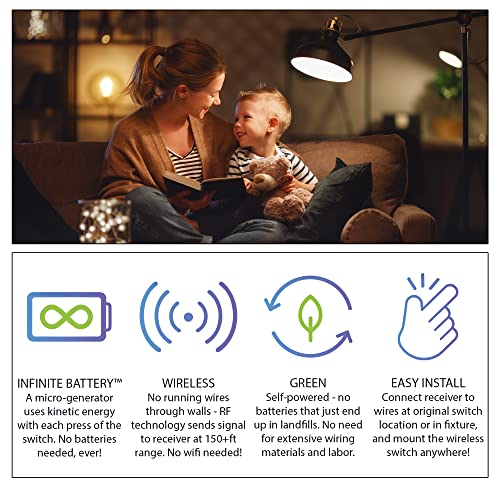 Runlesswire 3-Way Wireless Light Switch & Receiver Kit With Infinite Battery No Wifi Or Batteries Needed 150+Ft Rf Range Diy Pre-Programmed Remote Control - 1 Receiver, 2 Switches - White #TOP6