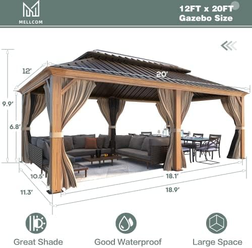 Diagram showing gazebo dimensions and views in fully open, semi-open, and fully closed configurations