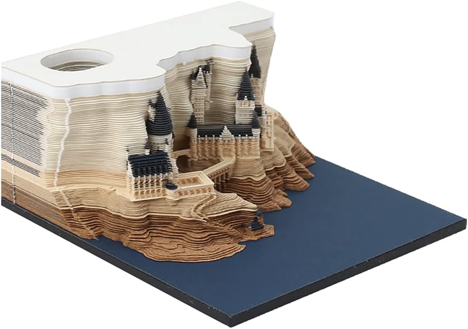 RSLIPIN Magic Castle 3D Memo Pad with Pen Holder, 3D Art Notepad Tear Paper Display Castle Non-Sticky Sticky Notes, DIY Creative Silhouette Note Pad for Office/Home(Without Light)