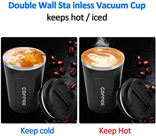 Image of Roslen Insulated Coffee Cup with Leak Proof Lid, Double Walled Travel Mug Vacuum Insulation Stainless Steel with Leakproof Lid Reusable Cup for Coffee, Tea, Beer for Hot and Cold (Black)