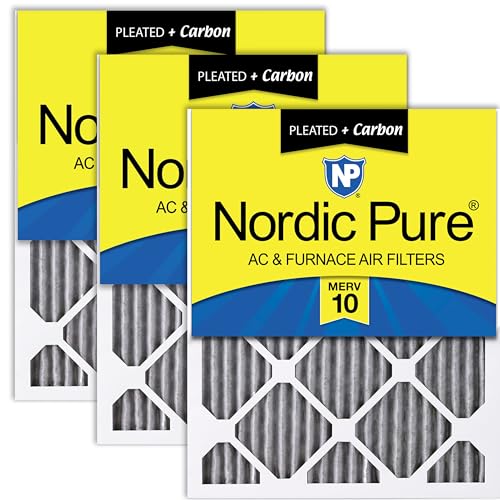 Image of Nordic Pure 10x20x1 Pleated MERV 10 Plus Carbon Air Filters 3 Pack | Actual Size: 9 1 /2 x 19 1 /2 x 3 /4 Made in USA, Advanced HVAC Furnace Filtration, Pet & Household Odor Control