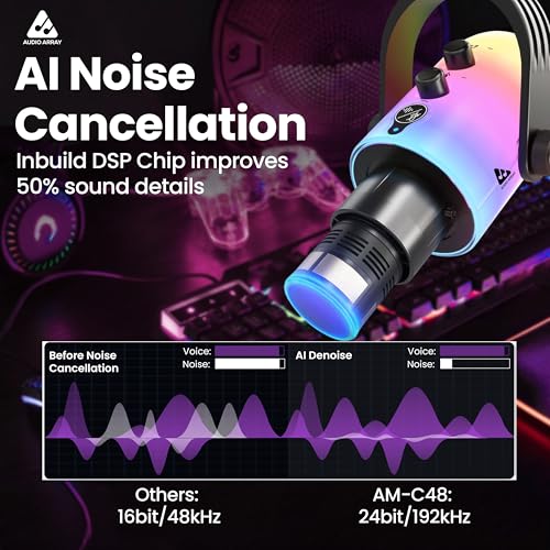 Image of Audio Array AM-C48 XLR /USB Professional Full RGB Dynamic Microphone Kit | AI Noise Cancellation | Touch & Knob Controls | Built-in Headphone Monitoring | Podcasting, Recording, Streaming, YouTube