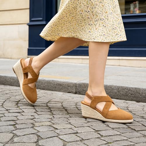 Image of HARENCE Espadrilles Wedge Sandals for Women: Comfortable Closed Toe Ankle Strap Elastic Shoes Summer Dressy Platform Heels