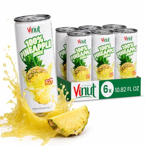 Image of VINUT 100% Pineapple Juice with Real Pulp, Vitamin C Rich, No Added Sugar, Not From Concentrate, Gluten Free & Non-GMO Drink, 100% Vegan /Plant-Based, 10.82 fl oz Cans (Pack of 6)