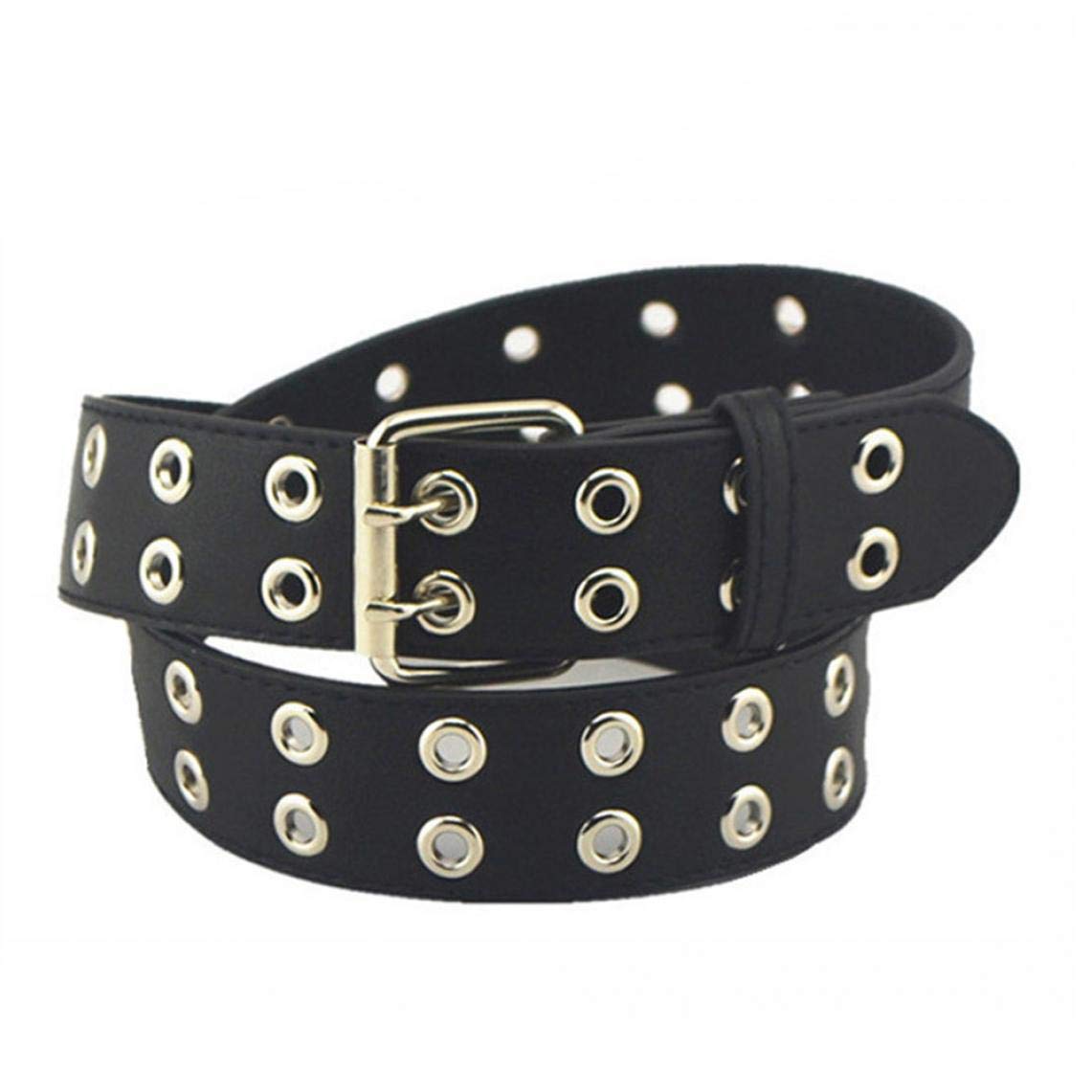 Byfri Unisex Black Double Eyelet Grommet Pu Leather Belt (, 110)