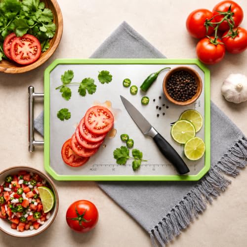 Image of E-COSMOS 2 in 1 Stainless Steel Cutting Board with Green Border and Handle, Measurement Scale Chopping Board for Vegetables, Fruits, Paneer and Meat, Easy-Clean Kitchen Prep Board, (34L X 21W)