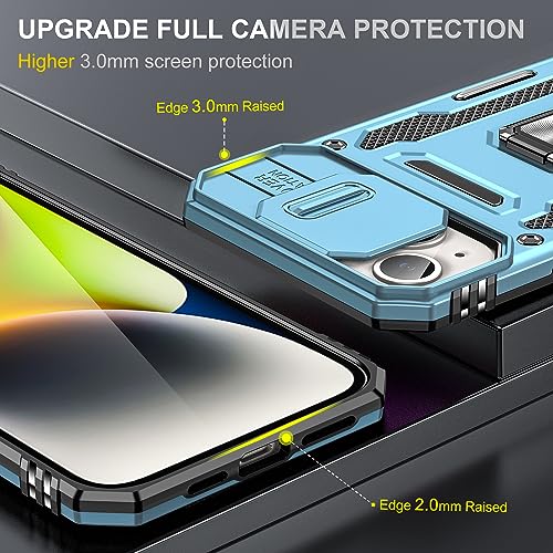 Image of Polycarbonate Slide Camera Cover with Ring Holder Mobile Phone Back Cover for iPhone 15 Plus (Blue)