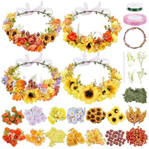 FREEBLOSS 90+ Floral Crown DIY Kit Flower Crowns Making Kit DIY Floral Crown Garland Kit Hair Accessories Handmade Make Your Own Flower Wreath Crown Spring and Autumn Floral Crown