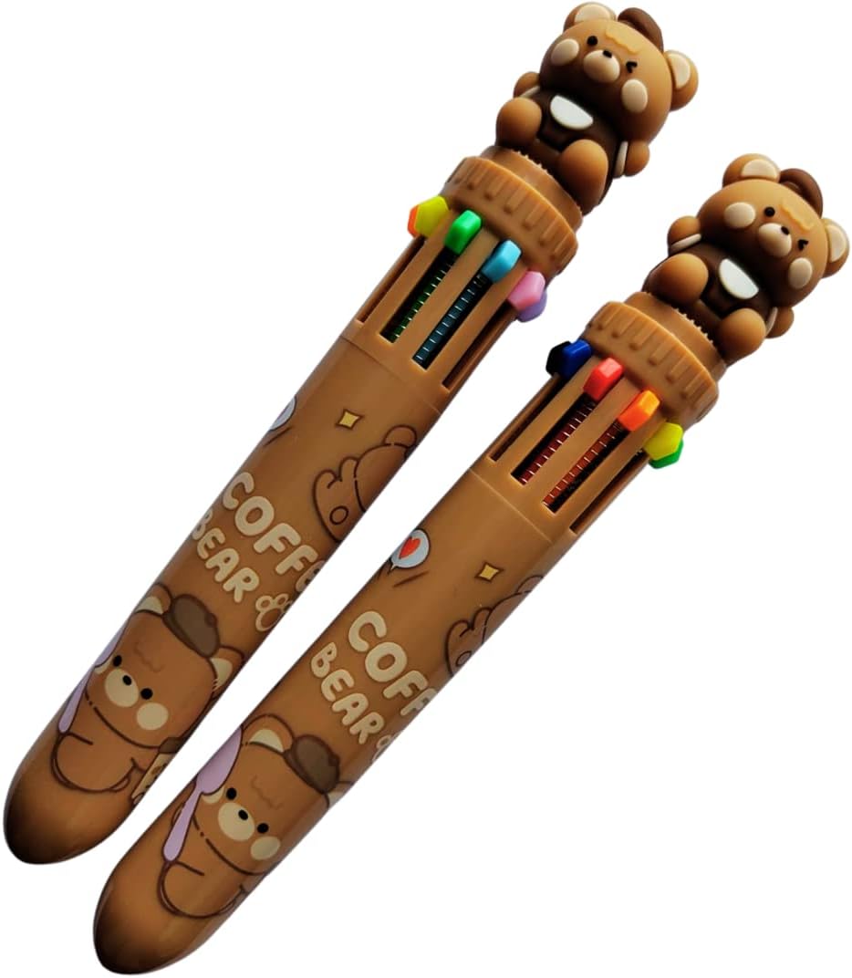ITSIN. 10 in 1 Pen Pack of 2 Coffee Bear Pens | Cute Fancy Fine Point Pen for Office Stationary School Supplies Birthday Party Favor Return Gift-Gift Packing(Brown)