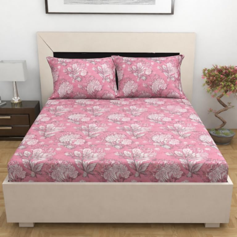 Image of 300 TC Microfiber XXL Soft Cotton Super King Size Bedsheet for Double Bed, King Size 108 Inches X 108 Inches,274 X 274 cm with 2 Large Size Pillow Covers - (Pink Flower)