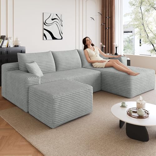 Image of Boneless Cloud Couch Comfy Sectional Couches for Living Room,U Shaped Sofa Couch in a Box with Ottoman Deep Seat Memory Foam Compressed Sofa(Light Gray, 95 inch Right Facing Chaise)