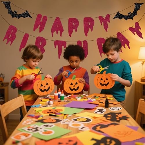 Image of Halloween Happy Birthday Banner - Red Glitter Bloody Paper Garland Spooky Birthday Decorations for Halloween Vampire Bat Theme Party Supplies