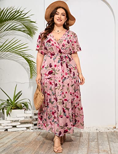 Image of ShopWonder Womens Plus Size V Neck Wrap Maxi Dress High Waist Ruffle Summer Casual Dress with Belt