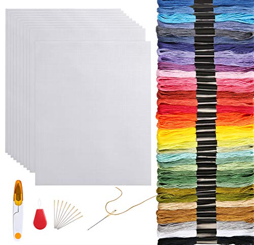 Pllieay 10 Pieces 14 Count Plastic Mesh Canvas Sheets with Sewing Tools for Embroidery, Cross-Stitch and DIY Craft Projects