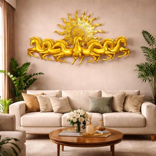 Image of iHandikart 7 Running Horses Metal Wall Art with Sun | Vastu Horses Wall Decor for Living Room | Golden Horses Wall Hanging | Luxury Metal Wall Decor for Home, Office & Entrance (36x21 Inch)