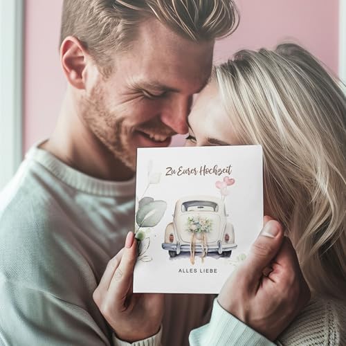 FORYOU24 MYPRINTZ Glückwunschkarte zur Hochzeit mit Umschlag aus Kraftpapier. Hochzeitskarte Grußkarte Vermählung Just Married Wedding Motiv Auto (KT_116)