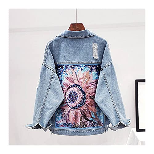 Zerrissene Jeansjacke - Damen Bohemian Blumenstickerei Fashion Streetwear...