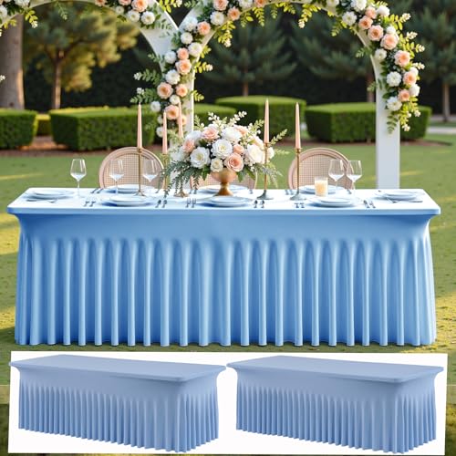 Image of 2 pk Baby Blue Spandex Tablecloth 8ft With Ruffle Table Skirt, Wrinkle Free Stretchy Fitted Tablecloths for 8 Foot Rectangle Tables, Elastic Spandex Table Covers for Weddings Parties Banquet Craft