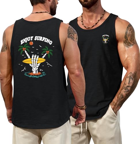 VOGSTART Mens Tank Top Travel Fashion Tank Top Festival Active Vest Cotton Graphic Print Textured Vacation Beach Summer Tropical Muscle Holiday Pool Party Tanktop Black Palm L