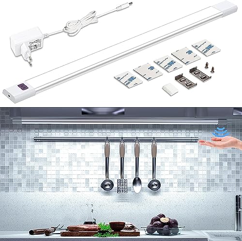 WOBANE Luz Led Cocina Bajo Mueble 60cm, Regulable Barra Luz Armario con Sensor sin Contacto, Luces Cocina Debajo Mueble con Enchufe 12V, Luz Led Adhesiva para Gabinete,Estanteria, Blanco Frío 6000K