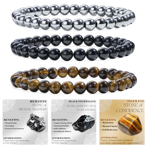 Bivei 3 Piezas 6mm pulseras piedras naturales - Hematita, Turmalina Negra, Ojo...