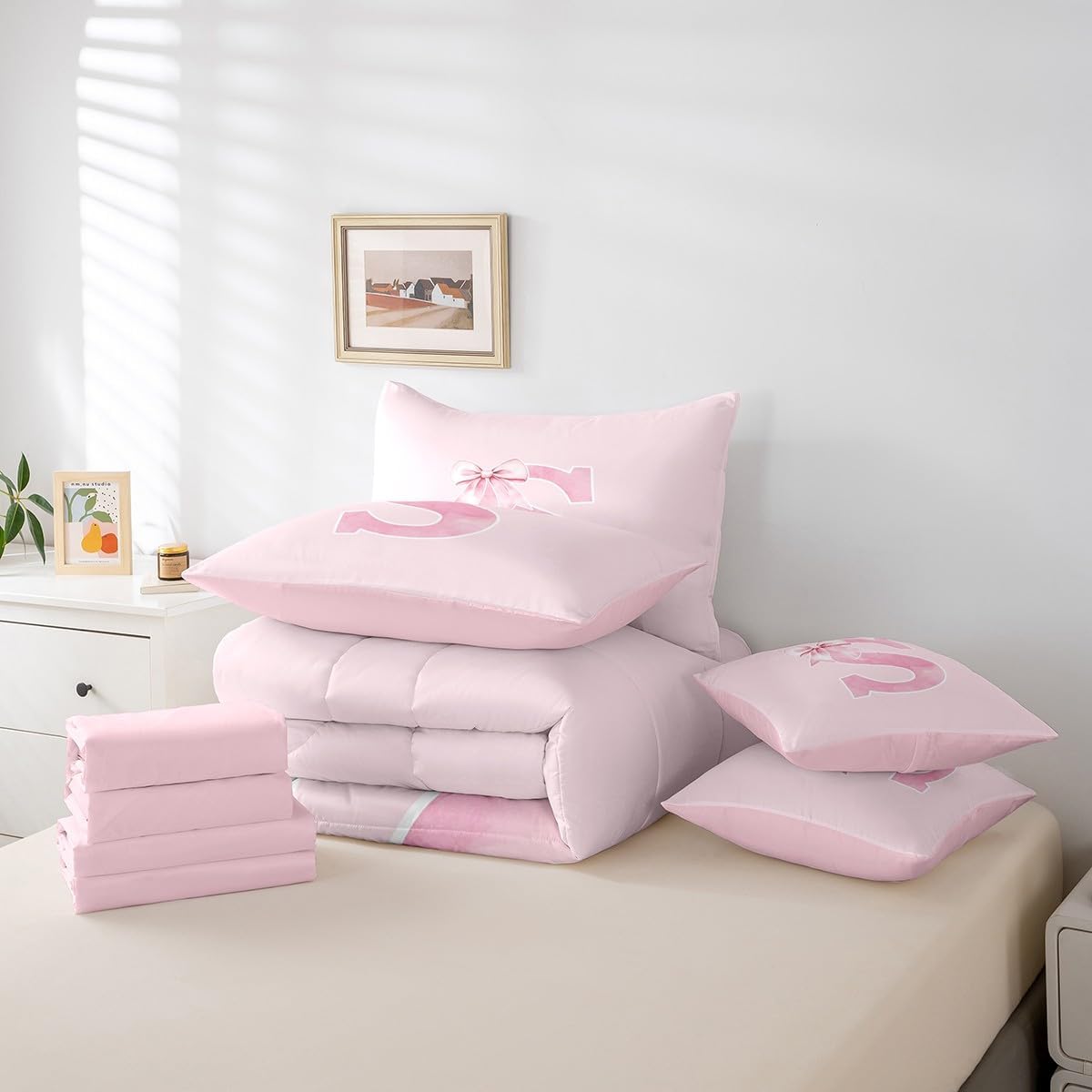 Erosebridal 7-Piece Initial S Bedding Set Twin,Monogrammed Bows Comforter Set for Girls Women Teen,Coquette Trendy Preppy Pink Bowknot Bed in a Bag,Initial Personalized Bedroom Room Decor(S) - Image 6