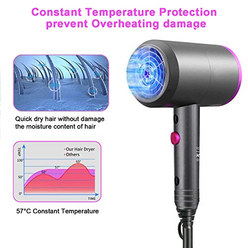 Ionic Hair Dryer, 1800W Professional Blow Dryer, Fast Drying Negative Ion Hairdryer Blowdryer, 3 Heat Setting/2 Speed/Powerful AC Motor Blow Dryer, 2 Nozzles&1 Diffuser for Women Man Kids Hair Care
